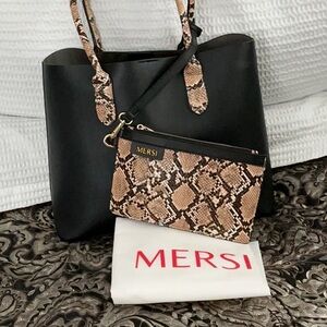 Mersi black vegan leather reversible  snakeskin-print pouchTote Bag Snake Print